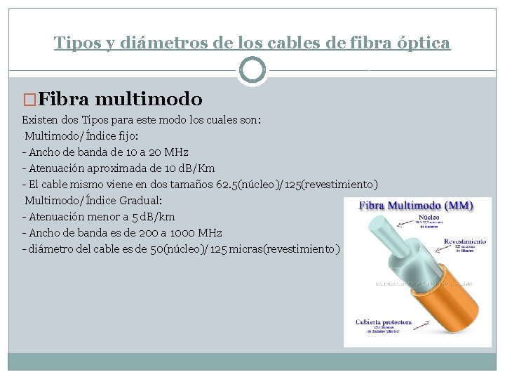Tipos y diámetros de los cables de fibra óptica �Fibra multimodo Existen dos Tipos