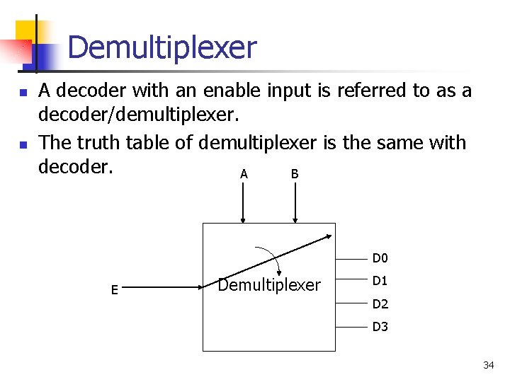 Demultiplexer n n A decoder with an enable input is referred to as a