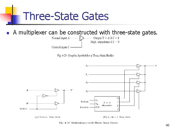 Three-State Gates n A multiplexer can be constructed with three-state gates. 46 