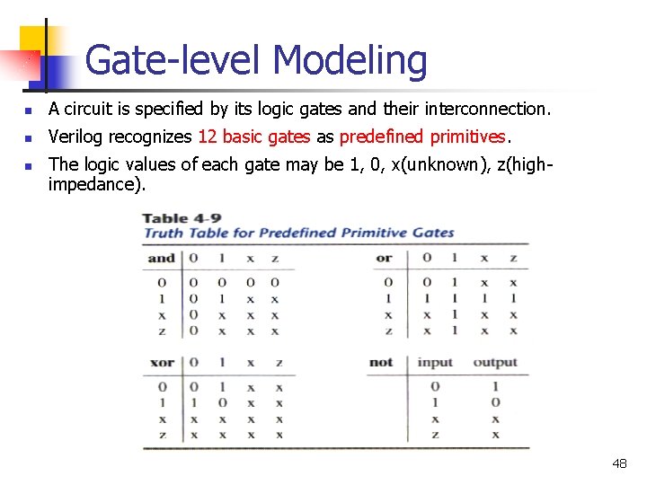 Gate-level Modeling n A circuit is specified by its logic gates and their interconnection.