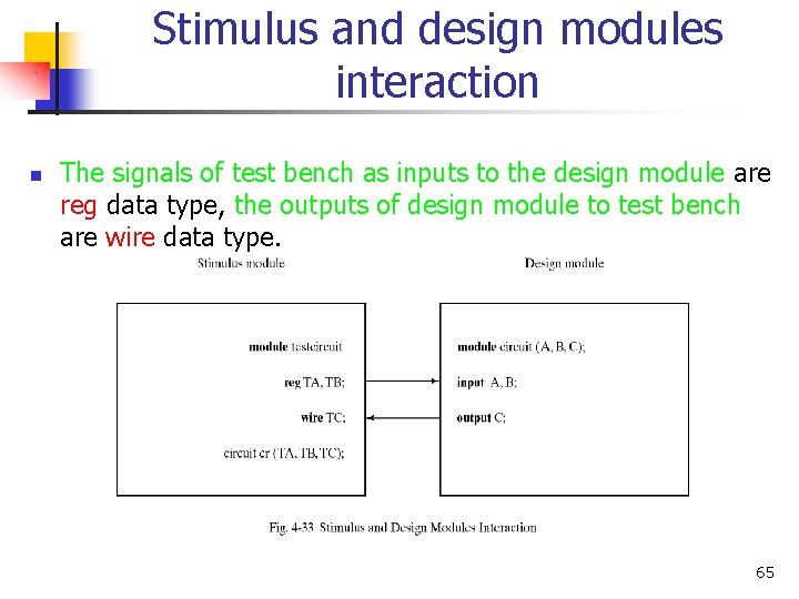 Stimulus and design modules interaction n The signals of test bench as inputs to Stimulus and design modules interaction n The signals of test bench as inputs to