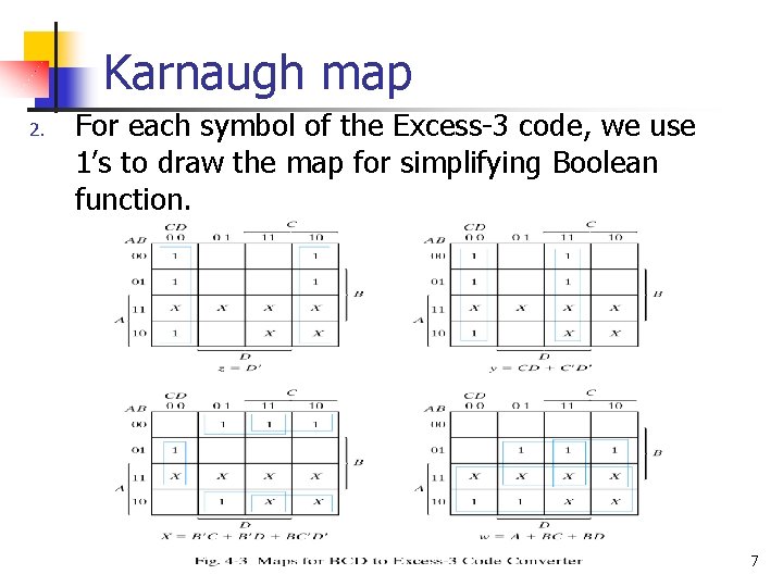 Karnaugh map 2. For each symbol of the Excess-3 code, we use 1’s to Karnaugh map 2. For each symbol of the Excess-3 code, we use 1’s to