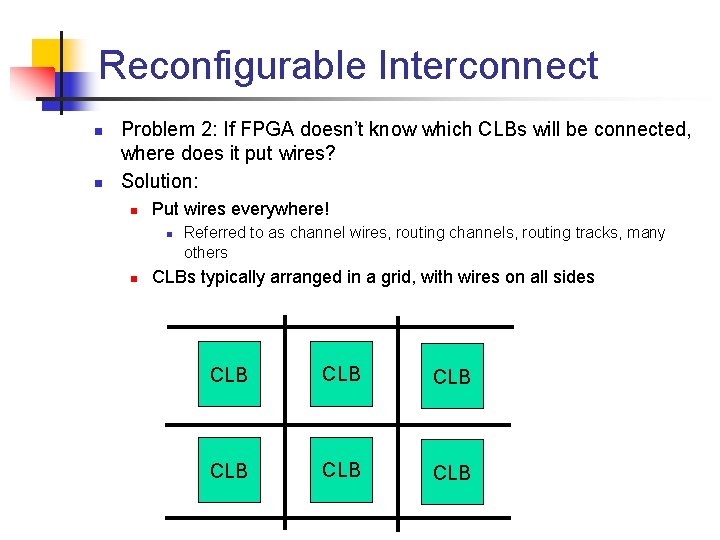 Reconfigurable Interconnect n n Problem 2: If FPGA doesn’t know which CLBs will be