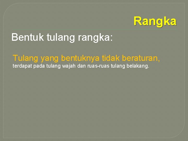 Rangka Bentuk tulang rangka: Tulang yang bentuknya tidak beraturan, terdapat pada tulang wajah dan