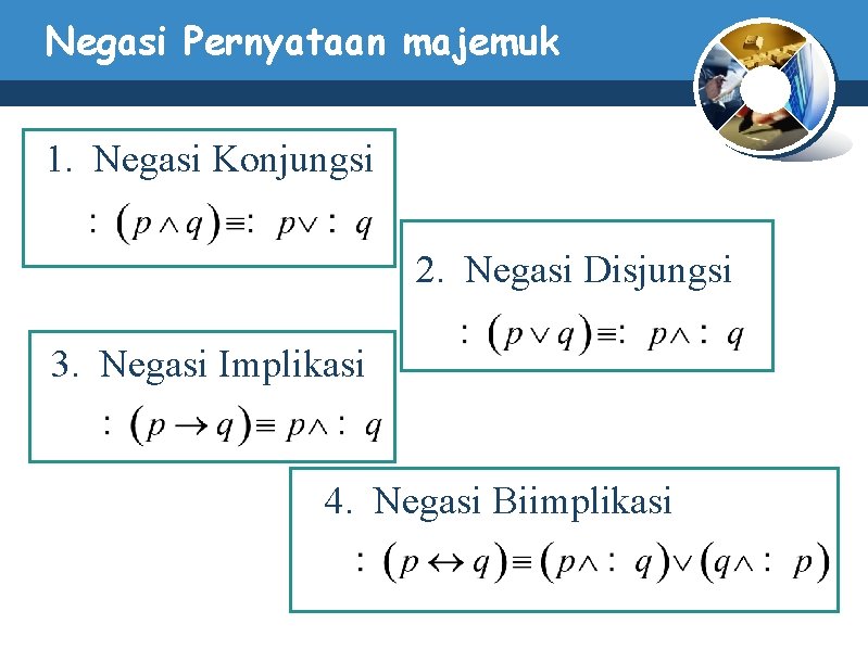 Negasi Pernyataan majemuk 1. Negasi Konjungsi 2. Negasi Disjungsi 3. Negasi Implikasi 4. Negasi Negasi Pernyataan majemuk 1. Negasi Konjungsi 2. Negasi Disjungsi 3. Negasi Implikasi 4. Negasi