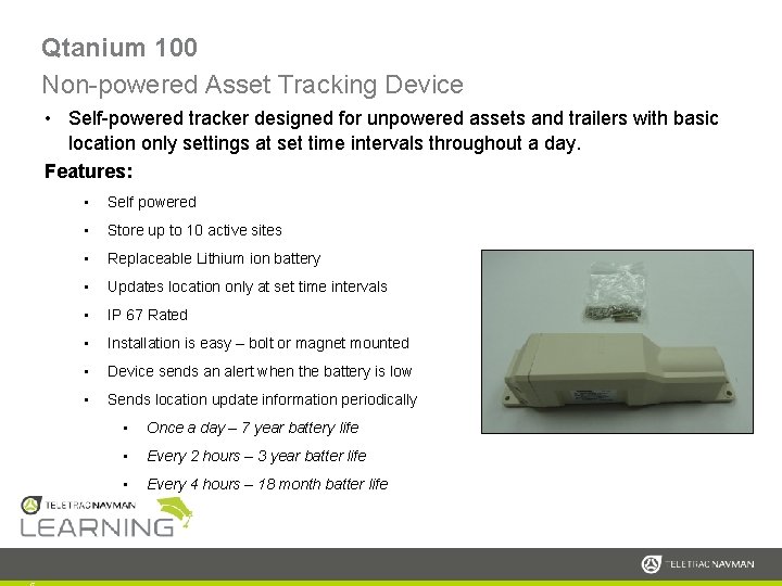 Qtanium 100 Non-powered Asset Tracking Device • Self-powered tracker designed for unpowered assets and