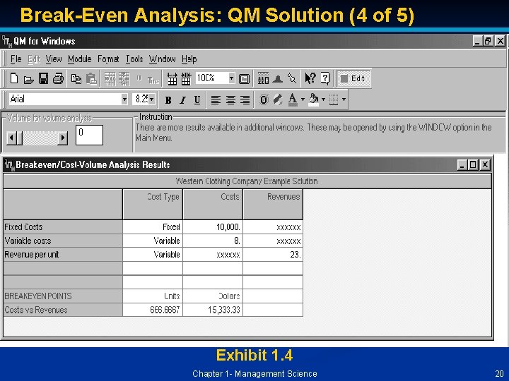 Break-Even Analysis: QM Solution (4 of 5) Exhibit 1. 4 Chapter 1 - Management