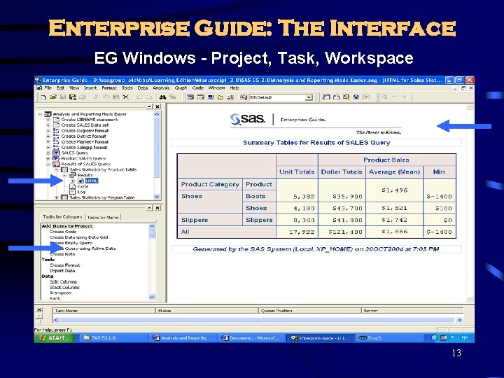 Enterprise Guide: The Interface EG Windows - Project, Task, Workspace 13 
