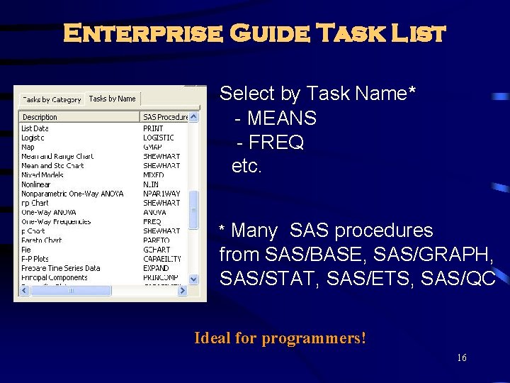 Enterprise Guide Task List Select by Task Name* - MEANS - FREQ etc. *