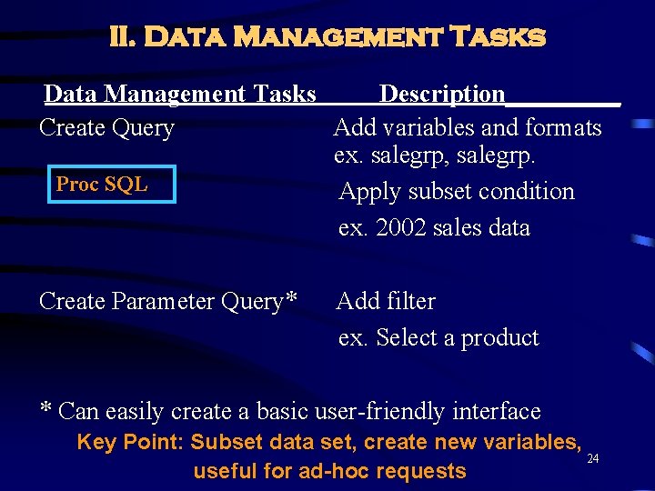 II. Data Management Tasks Description_____ Create Query Add variables and formats ex. salegrp, salegrp.