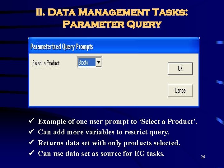 II. Data Management Tasks: Parameter Query Example of one user prompt to ‘Select a