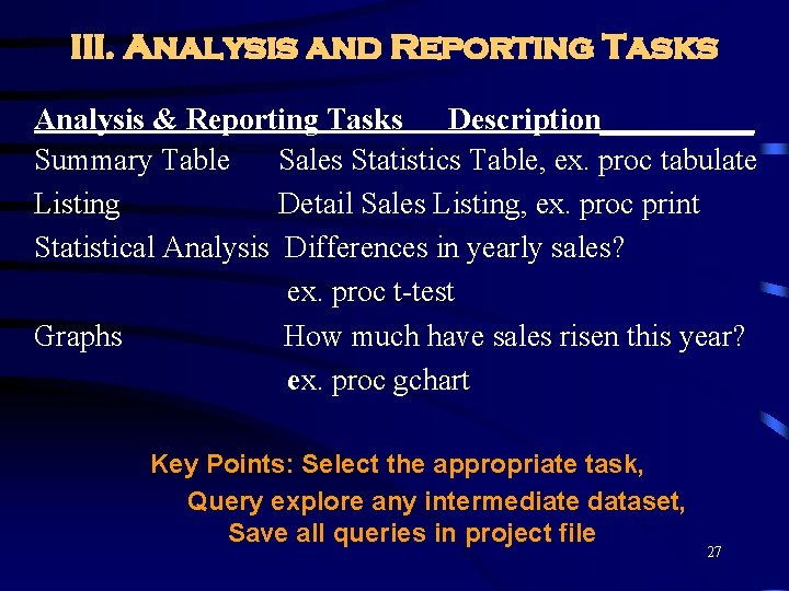 III. Analysis and Reporting Tasks Analysis & Reporting Tasks Description_____ Summary Table Sales Statistics