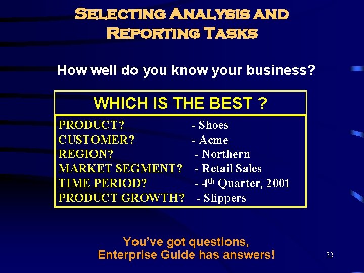 Selecting Analysis and Reporting Tasks How well do you know your business? WHICH IS