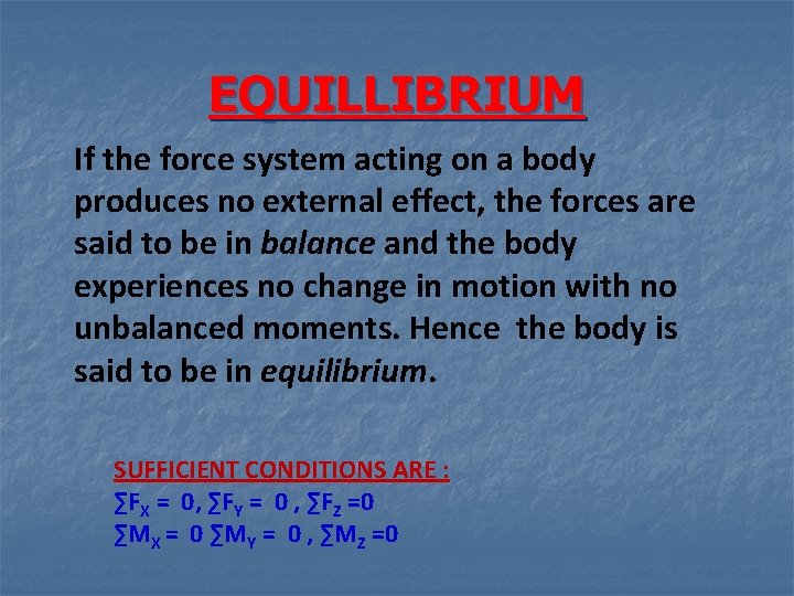 EQUILLIBRIUM If the force system acting on a body produces no external effect, the