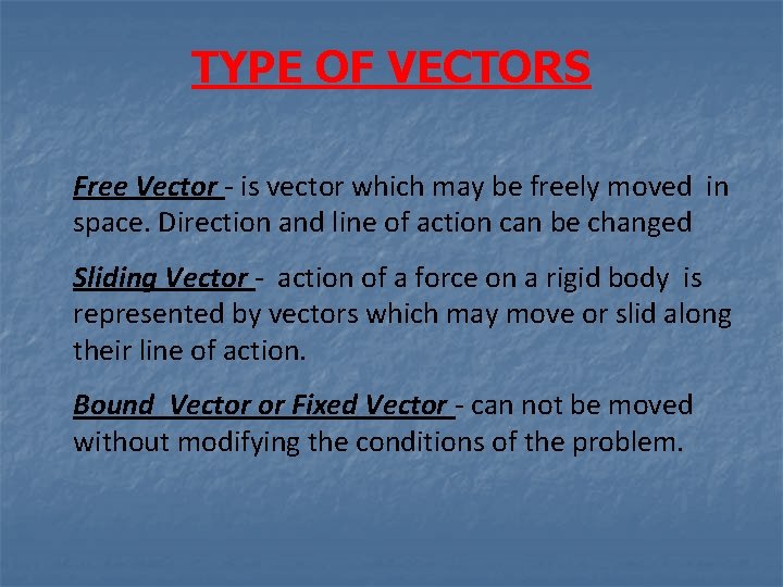 TYPE OF VECTORS Free Vector - is vector which may be freely moved in