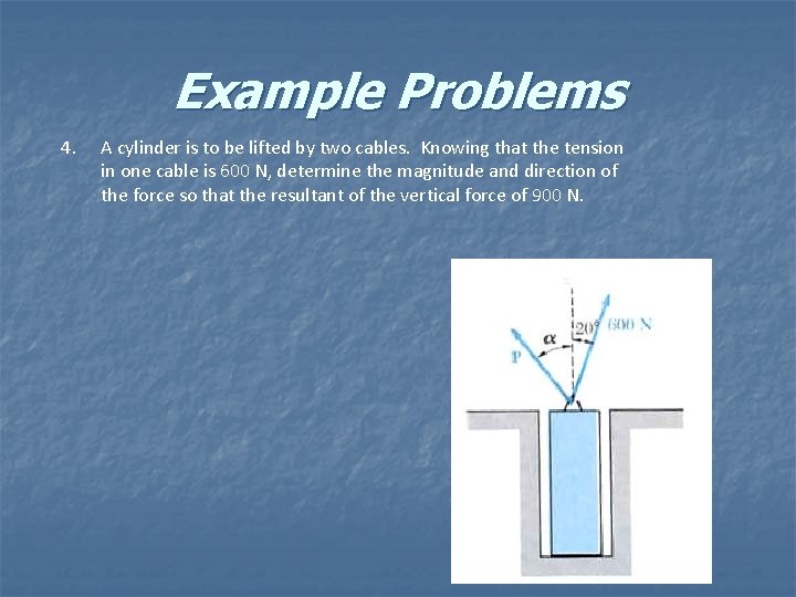 Example Problems 4. A cylinder is to be lifted by two cables. Knowing that