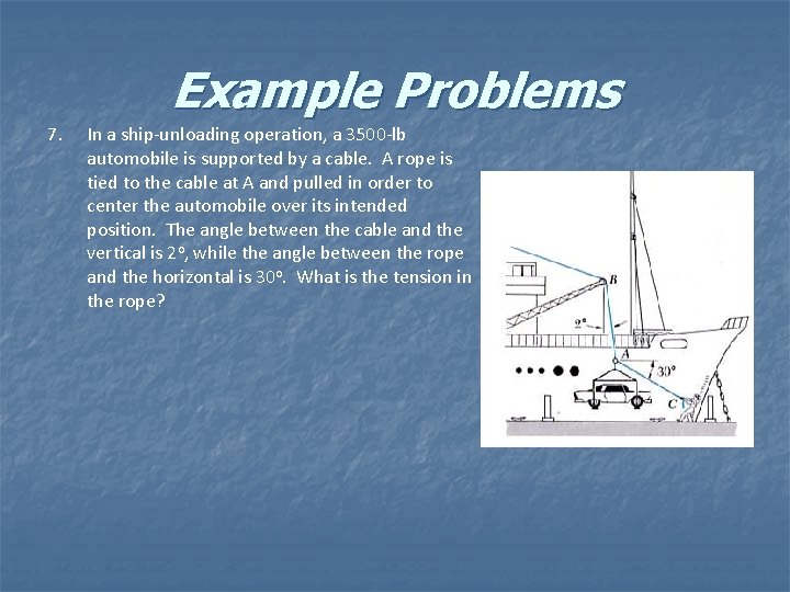 Example Problems 7. In a ship-unloading operation, a 3500 -lb automobile is supported by