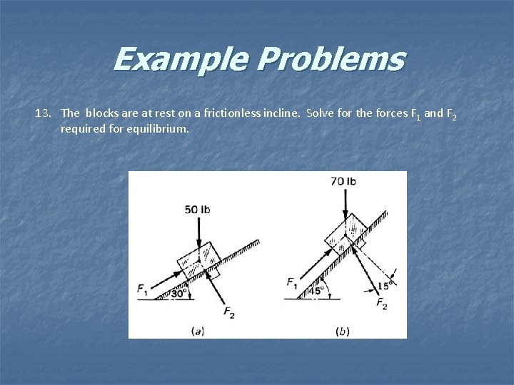 Example Problems 13. The blocks are at rest on a frictionless incline. Solve for