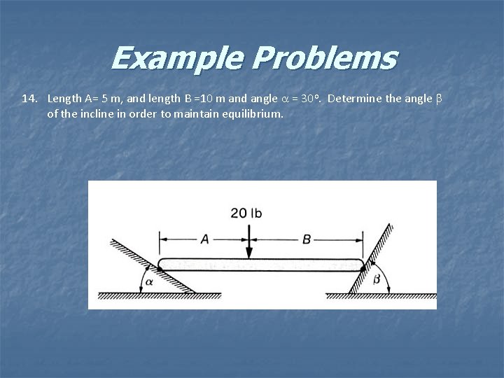 Example Problems 14. Length A= 5 m, and length B =10 m and angle