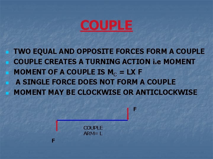 COUPLE n n n TWO EQUAL AND OPPOSITE FORCES FORM A COUPLE CREATES A