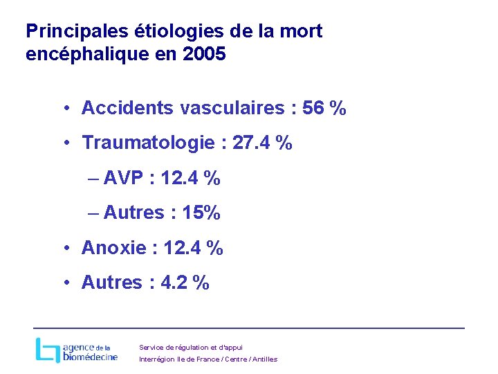 Principales étiologies de la mort encéphalique en 2005 • Accidents vasculaires : 56 %