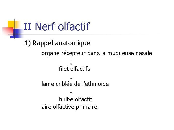 II Nerf olfactif 1) Rappel anatomique organe récepteur dans la muqueuse nasale filet olfactifs