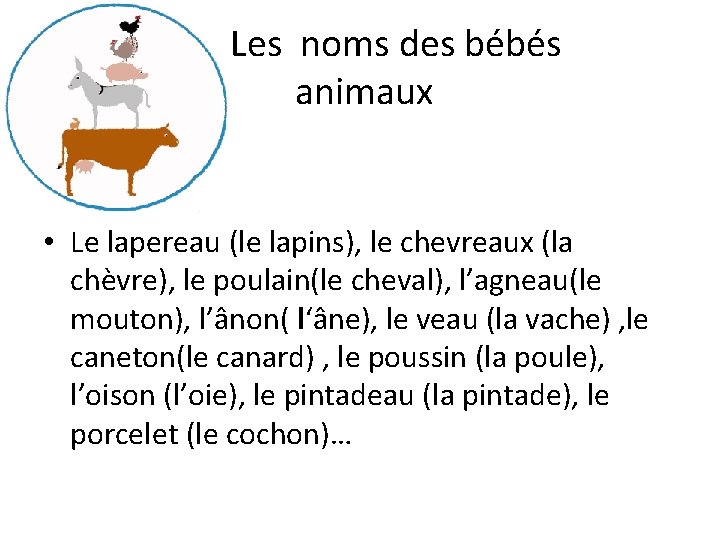 Les noms des bébés animaux • Le lapereau (le lapins), le chevreaux (la chèvre),