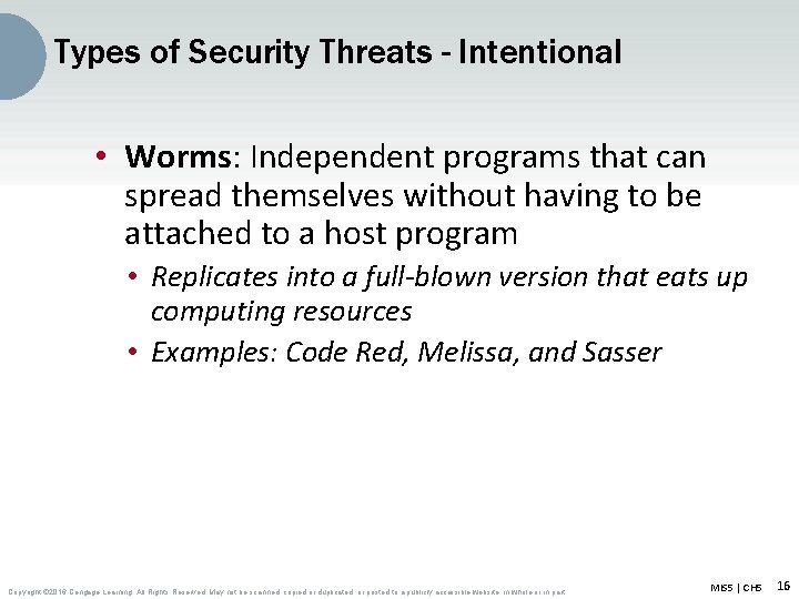 Types of Security Threats - Intentional • Worms: Independent programs that can spread themselves