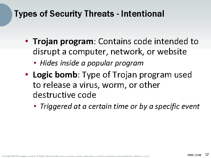 Types of Security Threats - Intentional • Trojan program: Contains code intended to disrupt