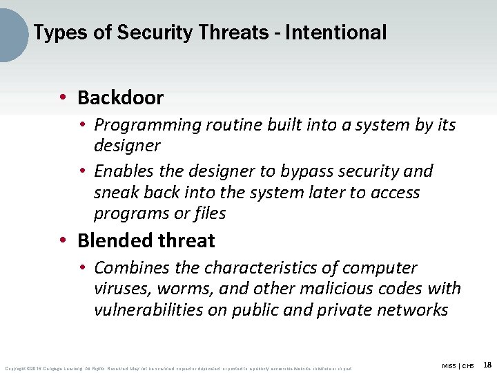 Types of Security Threats - Intentional • Backdoor • Programming routine built into a