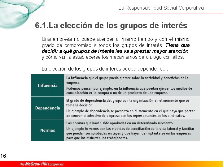 16 La Responsabilidad Social Corporativa 6. 1. La elección de los grupos de interés