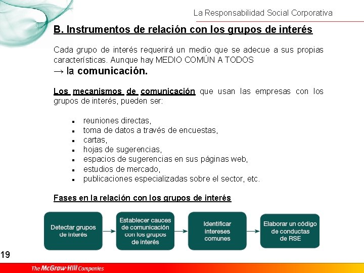 19 La Responsabilidad Social Corporativa B. Instrumentos de relación con los grupos de interés