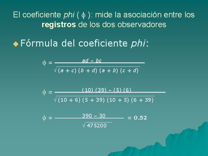 El coeficiente phi ( ): mide la asociación entre los registros de los dos