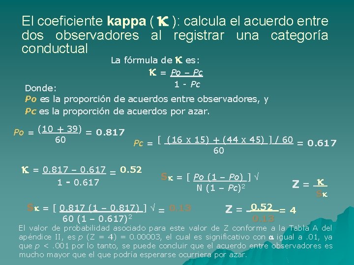 El coeficiente kappa ( ): calcula el acuerdo entre dos observadores al registrar una