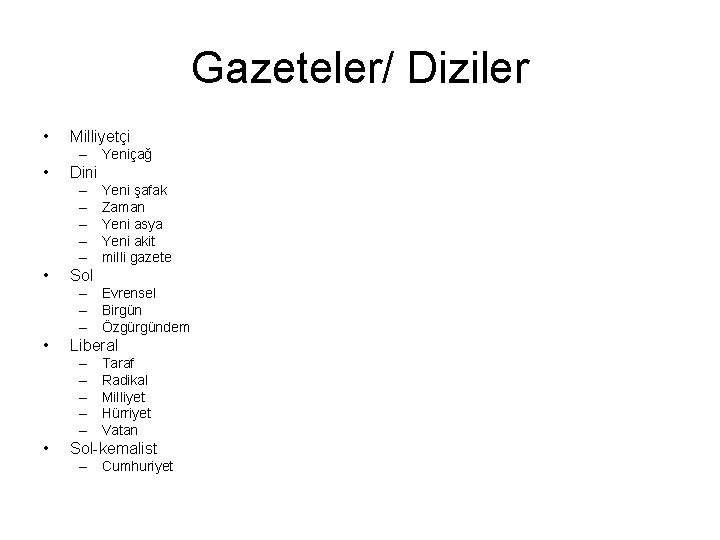 Gazeteler/ Diziler • Milliyetçi – Yeniçağ • Dini – – – • Yeni şafak