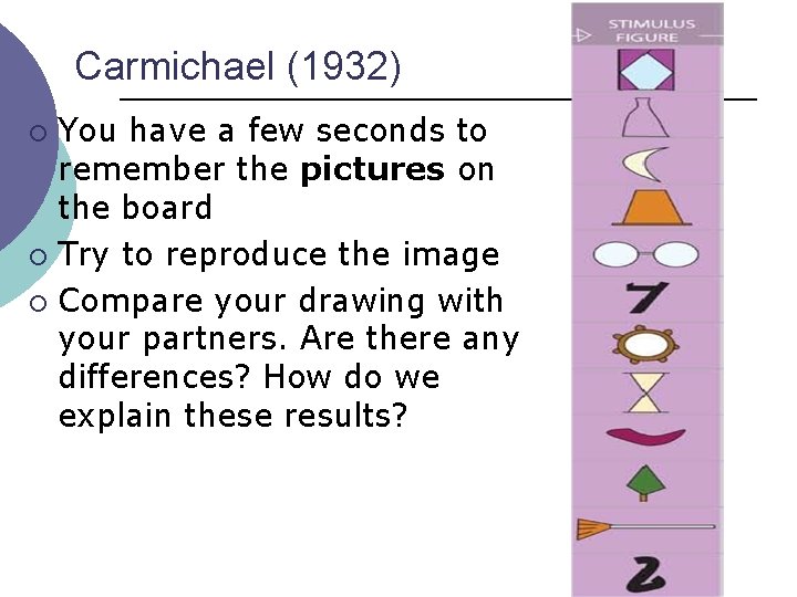Carmichael (1932) You have a few seconds to remember the pictures on the board