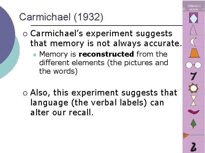 Carmichael (1932) ¡ Carmichael’s experiment suggests that memory is not always accurate. l ¡