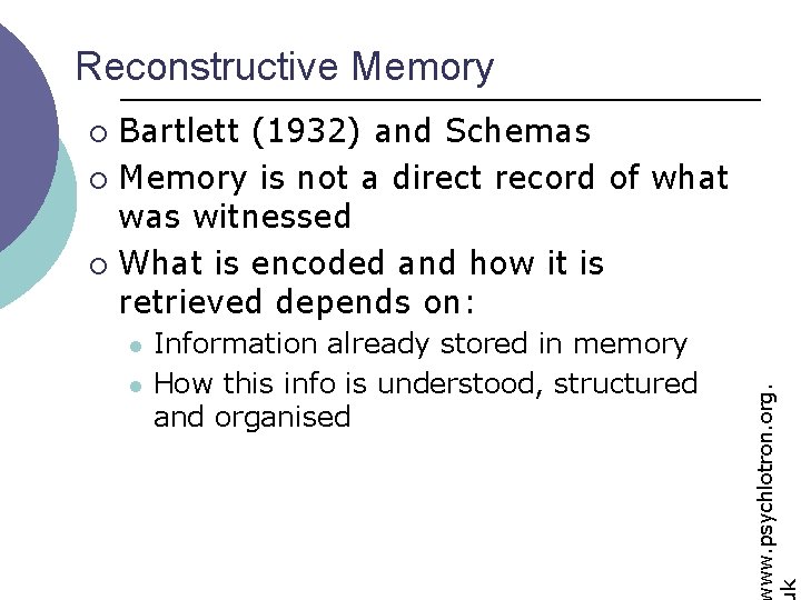 Reconstructive Memory Bartlett (1932) and Schemas ¡ Memory is not a direct record of