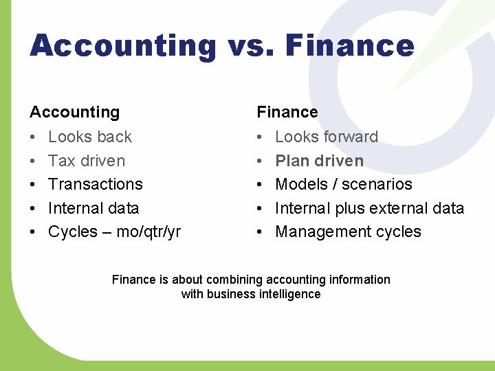 Accounting vs. Finance Accounting • Looks back • Tax driven • Transactions • Internal