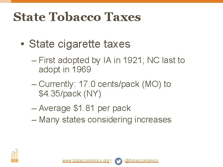 State Tobacco Taxes • State cigarette taxes – First adopted by IA in 1921;