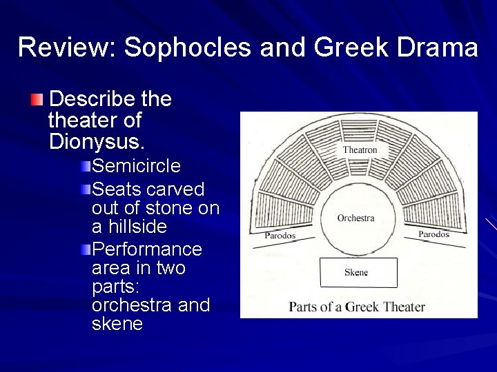 Review: Sophocles and Greek Drama Describe theater of Dionysus. Semicircle Seats carved out of