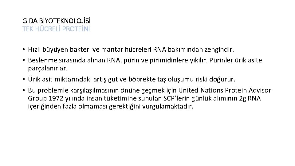 GIDA BİYOTEKNOLOJİSİ TEK HÜCRELİ PROTEİNİ • Hızlı büyüyen bakteri ve mantar hücreleri RNA bakımından