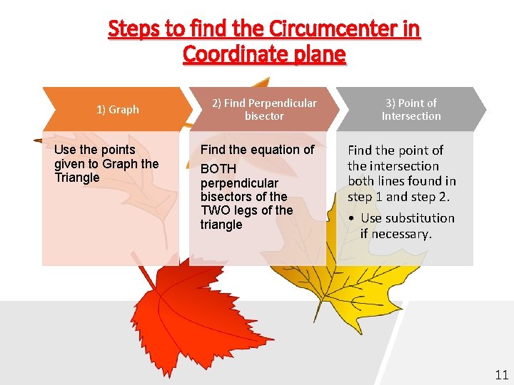 Steps to find the Circumcenter in Coordinate plane 1) Graph Use the points given