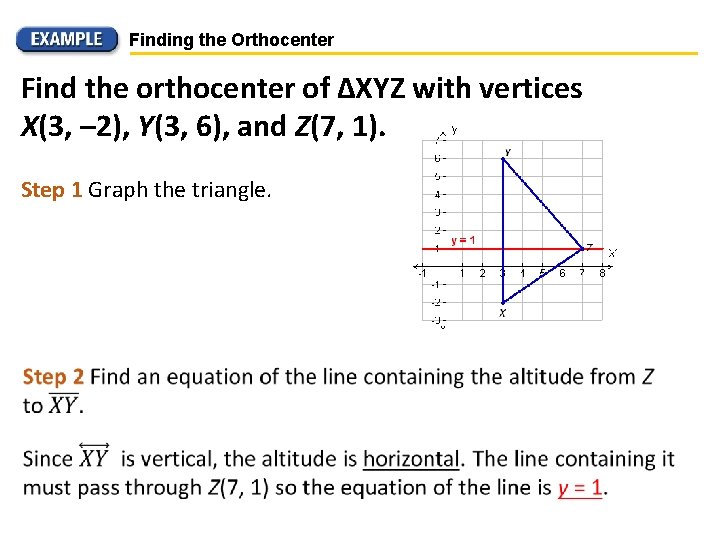 Finding the Orthocenter Find the orthocenter of ∆XYZ with vertices X(3, – 2), Y(3,