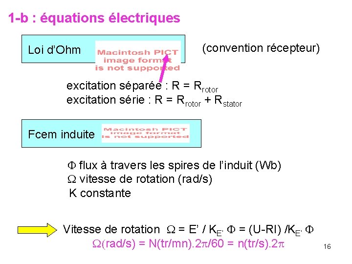 1 -b : équations électriques Loi d’Ohm (convention récepteur) excitation séparée : R =