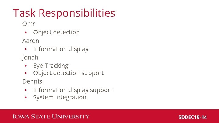 Task Responsibilities Omr • Object detection Aaron • Information display Jonah • Eye Tracking