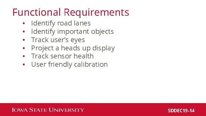 Functional Requirements • • • Identify road lanes Identify important objects Track user’s eyes