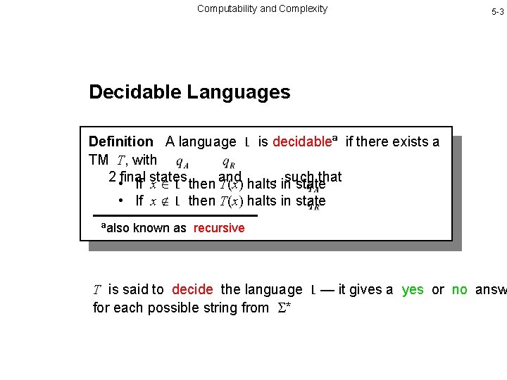 Computability and Complexity 5 -3 Decidable Languages Definition A language L is decidableª if