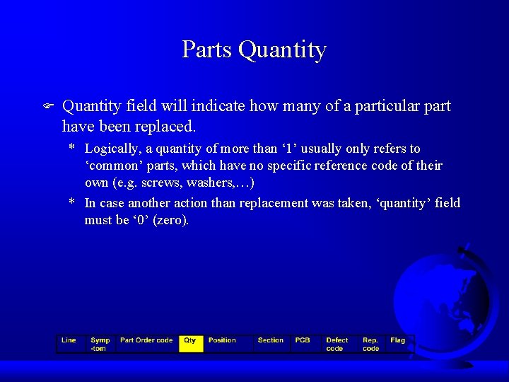 Parts Quantity F Quantity field will indicate how many of a particular part have