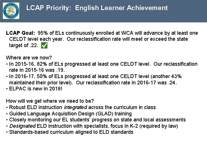 LCAP Priority: English Learner Achievement LCAP Goal: 95% of ELs continuously enrolled at WCA